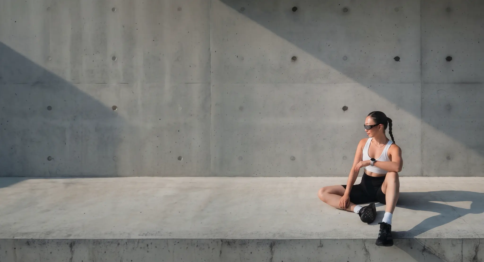 Runner resting against a concrete wall